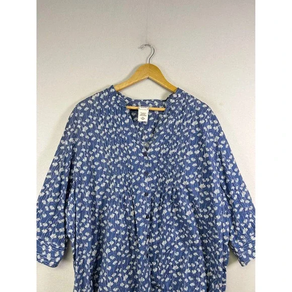 Breathable Button Front Blouse Womens 3XL Blue Floral 100% Cotton Pintuck Top - Picture 4 of 9